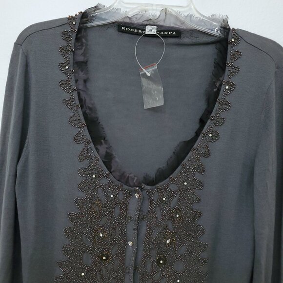 Roberta Scarpa Wool Silk Blend Lace Trim Beaded Knit Cardigan Sweater Size 12 - Picture 4 of 16